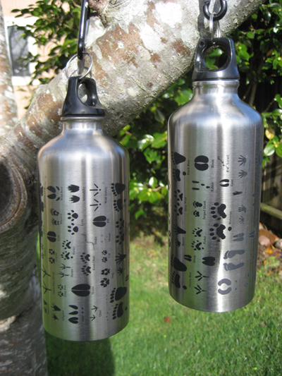 Stainless steel eco friendly animal track guide water bottle by Pacific Laser Design. Beartracker's Animal Tracks Den exclusive!